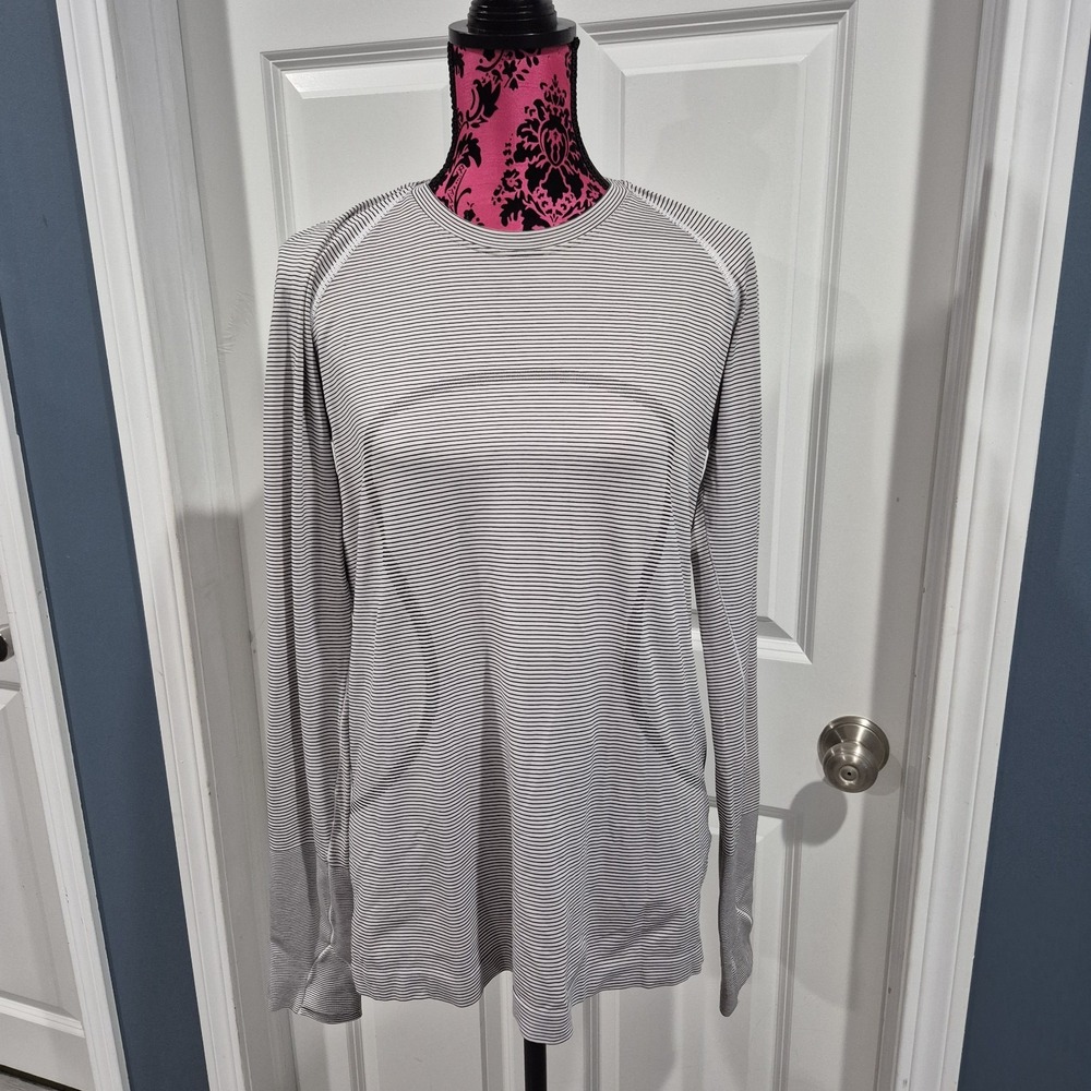 Lululemon Swiftly Tech Shirt Womens 12 Gray Black Striped Performance Running